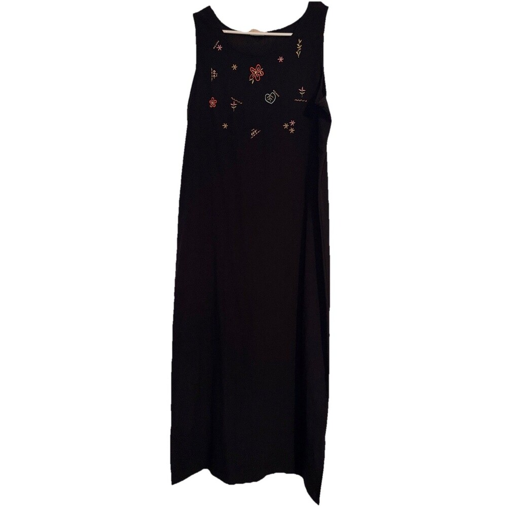VTG Teddi 90s Embroidered Maxi Dress Black Crepe Sleeveless Slit XL Whimsigoth